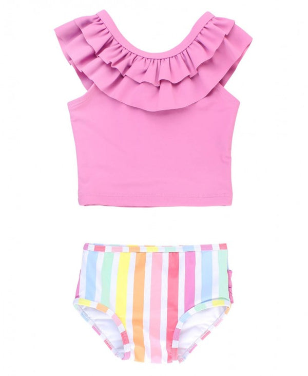 RuffleButts | Ruffled Tankini ~ Rainbow Dream Stripe Orchid Clothing RuffleButts 12-18 Months  