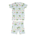 Two piece short pajama set. Light green fabric with oscar the grouch popping out of his trash can print.