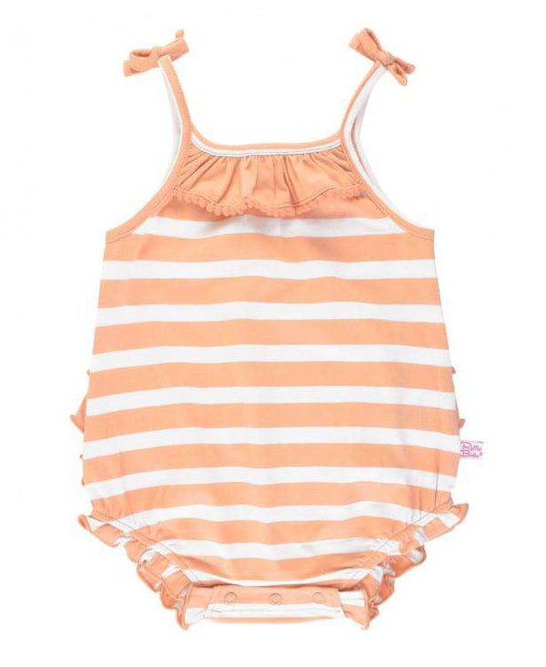 RuffleButts | Pom Pom Bubble Romper ~ Peach Stripe Clothing RuffleButts   