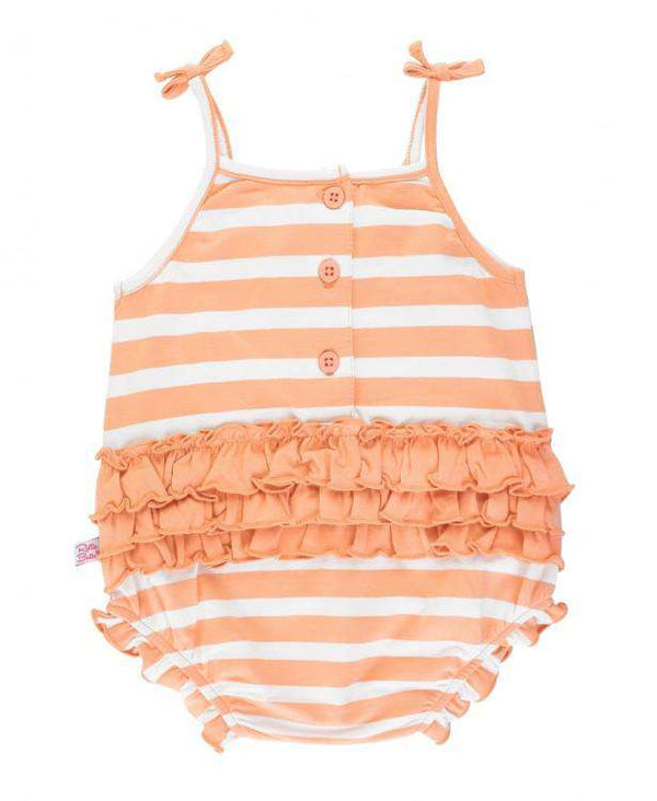 RuffleButts | Pom Pom Bubble Romper ~ Peach Stripe Clothing RuffleButts   