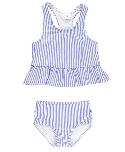 RuffleButts | Peplum Tankini ~ Periwinkle Blue Seersucker Clothing RuffleButts 0-3m  