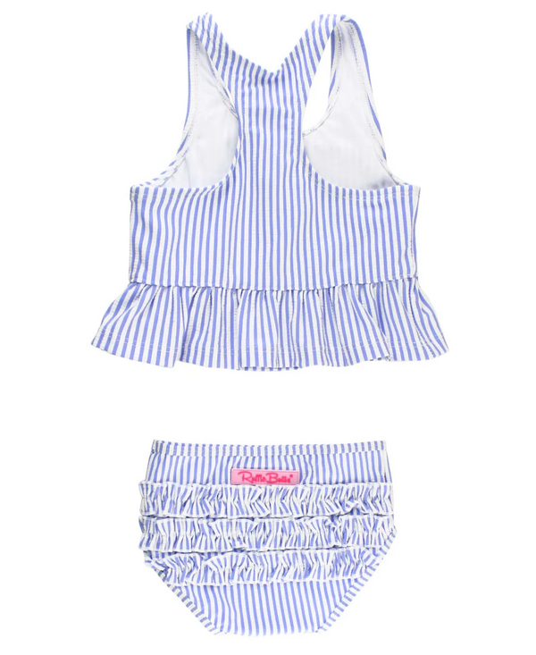 RuffleButts | Peplum Tankini ~ Periwinkle Blue Seersucker Clothing RuffleButts   