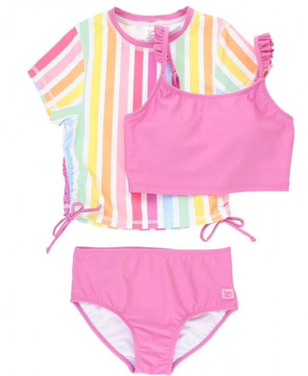 RuffleButts | Cropped Rash Guard Bikini 3 pc Set ~ Rainbow Dream Stripe Orchid Clothing RuffleButts   