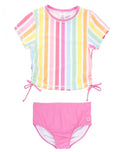 RuffleButts | Cropped Rash Guard Bikini 3 pc Set ~ Rainbow Dream Stripe Orchid Clothing RuffleButts   