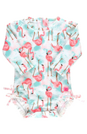 RuffleButts | Long Sleeve One Piece Rash Guard ~ Vibrant Flamingo Clothing RuffleButts 0-3m  