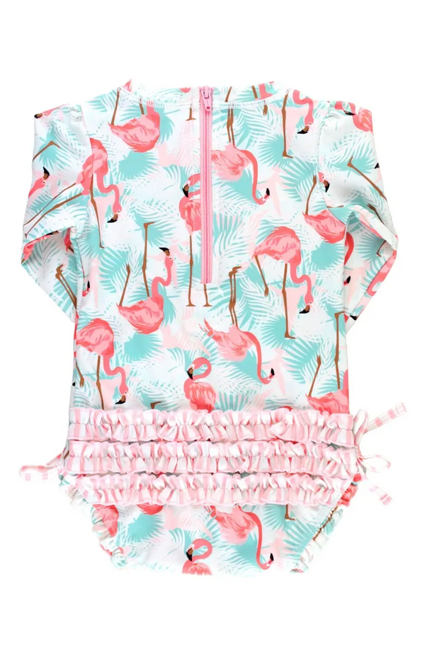 RuffleButts | Long Sleeve One Piece Rash Guard ~ Vibrant Flamingo Clothing RuffleButts   