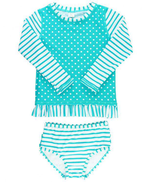 RuffleButts | Long Sleeve Rash Guard Bikini ~ Aqua Striped Polka Clothing RuffleButts   