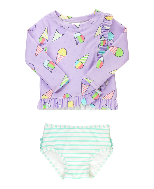 RuffleButts | Ruffled Long Sleeve Rash Guard 2-Piece ~ Snow Cones Clothing RuffleButts   