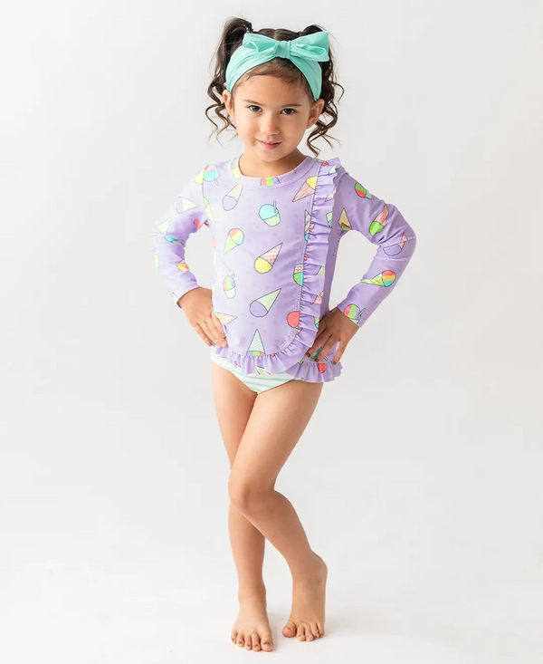 RuffleButts | Ruffled Long Sleeve Rash Guard 2-Piece ~ Snow Cones Clothing RuffleButts   