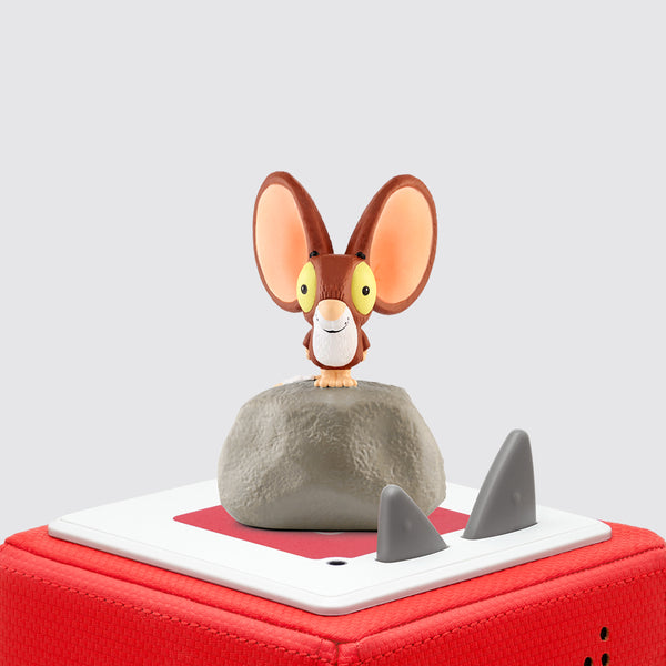 Tonies - A brown mouse with large years on a rock sitting on a red Toniebox.