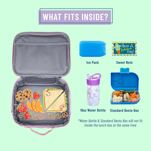 Graphic of what fits inside: ice pack, sweet note, 16 oz water bottles and a standard bento box.