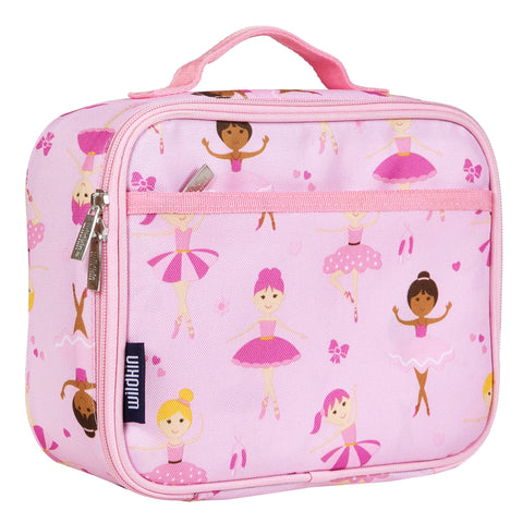 Lunch box is pink with various ballerinas of different ethnicities.