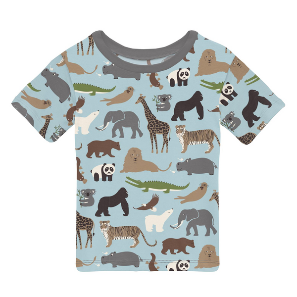 Tshirt with crew neckline. Tshirt has a solid stormy sky blue background with cartoon zoo animals. Animals include, giraffes, lions, tigers, gorialls, pandas, koalas, polar bears, etc